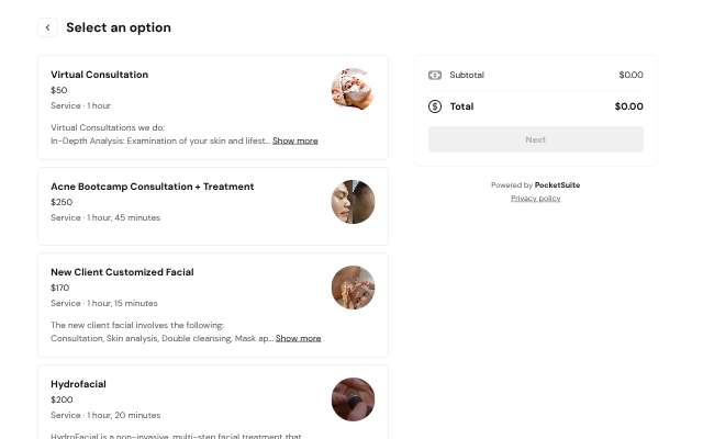 Beauty by Ariix (PocketSuite booking)'s page as the assistant saw it