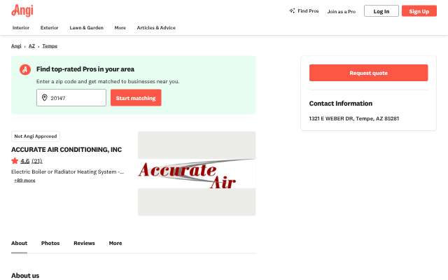 Accurate Air Conditioning, Inc.'s page as the assistant saw it
