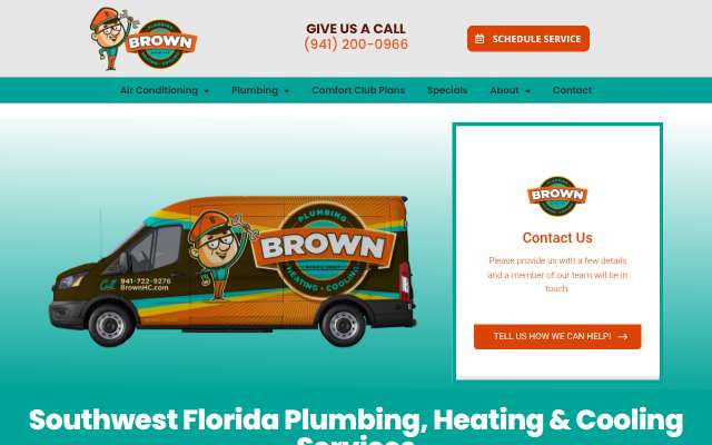 Brown Heating, Cooling and Plumbing's page as the assistant saw it