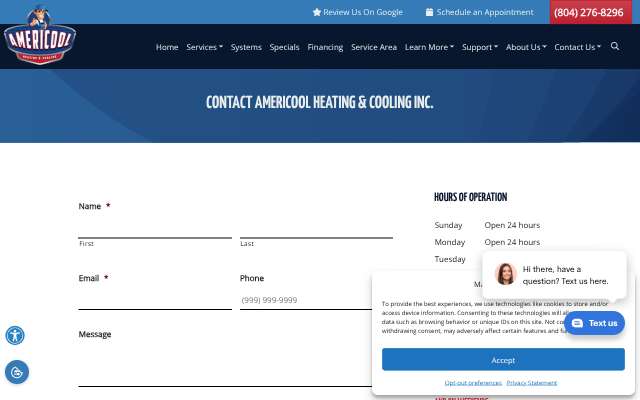 Americool Heating & Cooling, Inc.'s page as the assistant saw it