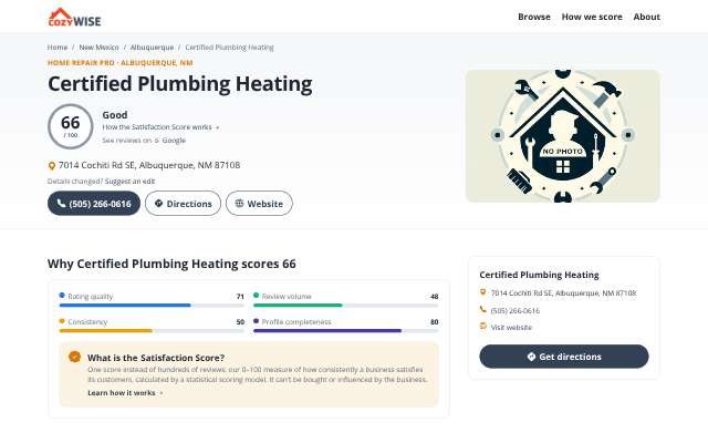 Certified Plumbing Heating's page as the assistant saw it