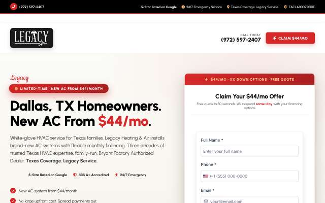 Legacy Heating & Air's page as the assistant saw it