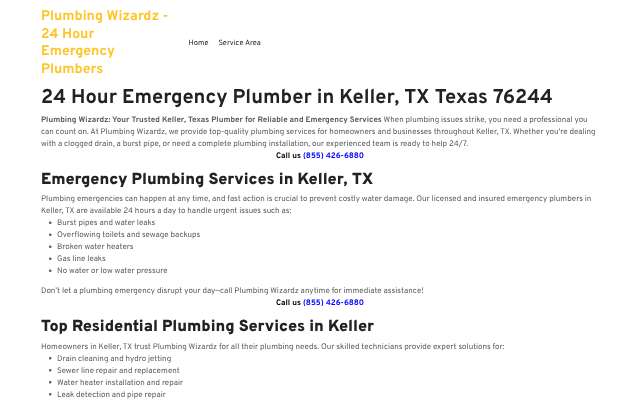 Plumbing Wizardz's page as the assistant saw it