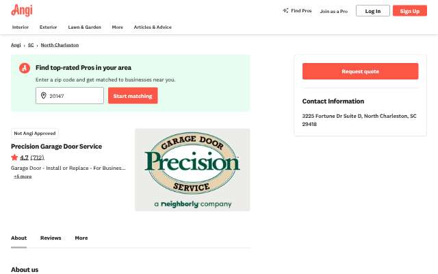 Precision Garage Door Service's page as the assistant saw it
