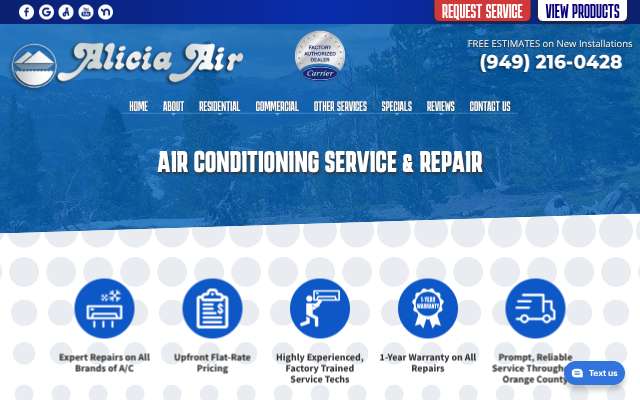 Alicia Air Conditioning & Heating, Inc.'s page as the assistant saw it