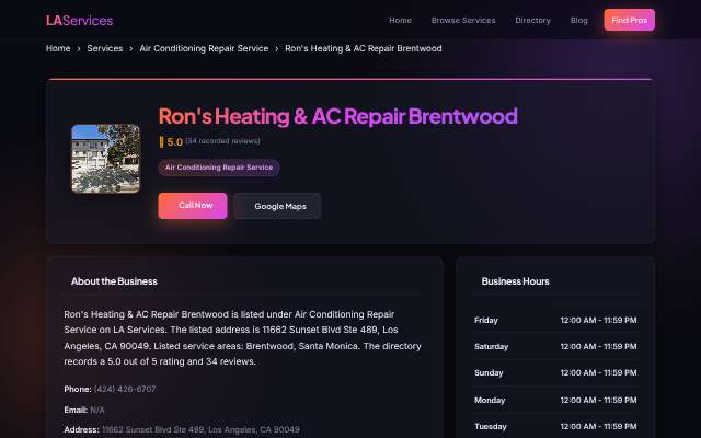 Ron's Heating & AC Repair Brentwood (laservices.org listing)'s page as the assistant saw it