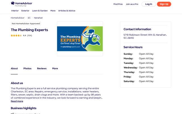 The Plumbing Experts's page as the assistant saw it
