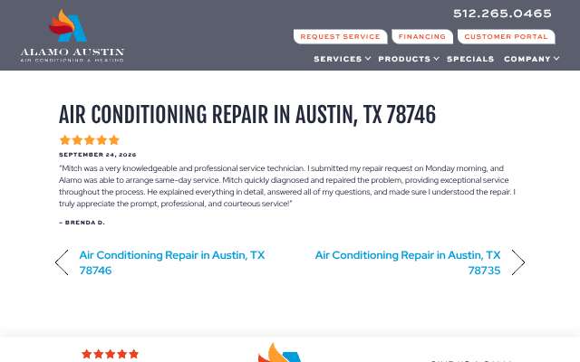 Alamo Austin Air Conditioning & Heating's page as the assistant saw it