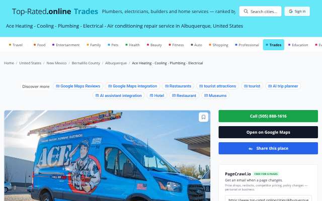 Ace Heating, Cooling, Plumbing and Electrical's page as the assistant saw it