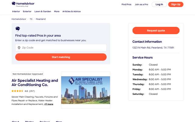 Air Specialist Heating and Air Conditioning Co.'s page as the assistant saw it