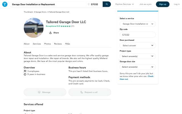 Tailored Garage Door LLC's page as the assistant saw it
