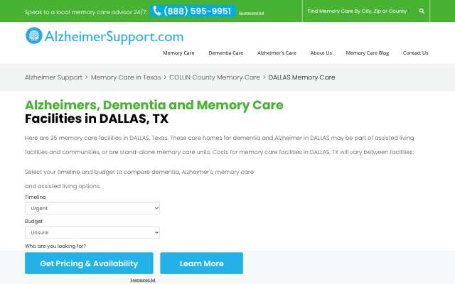 Alzheimer Support Dallas listings's page as the assistant saw it