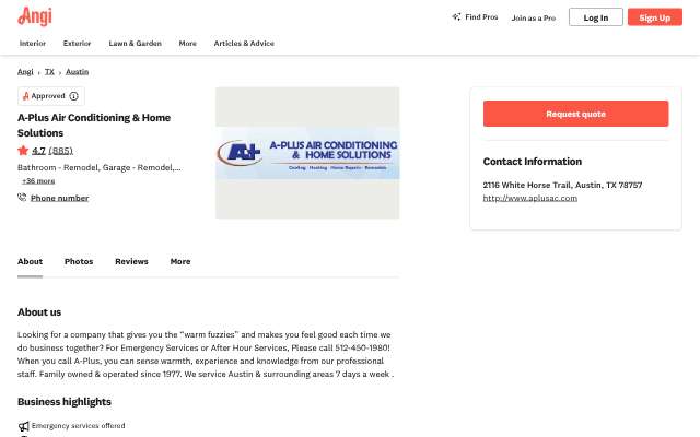 Page cited for A-Plus Air Conditioning & Home Solutions