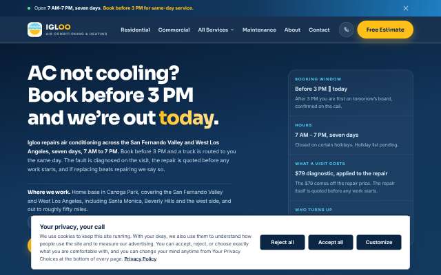 Igloo HVAC's page as the assistant saw it