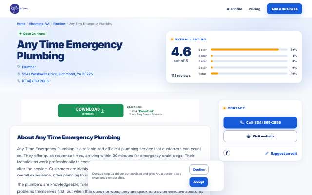 Any Time Emergency Plumbing's page as the assistant saw it