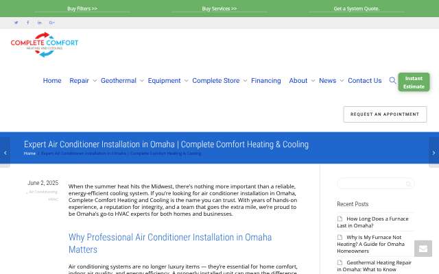 Complete Comfort Heating & Cooling's page as the assistant saw it