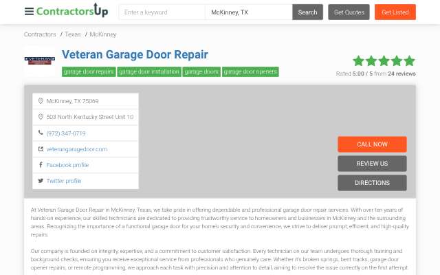 Veteran Garage Door Repair's page as the assistant saw it