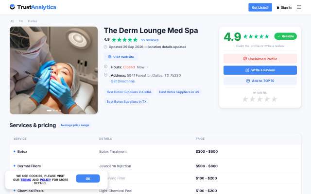 The Derm Lounge Med Spa's page as the assistant saw it