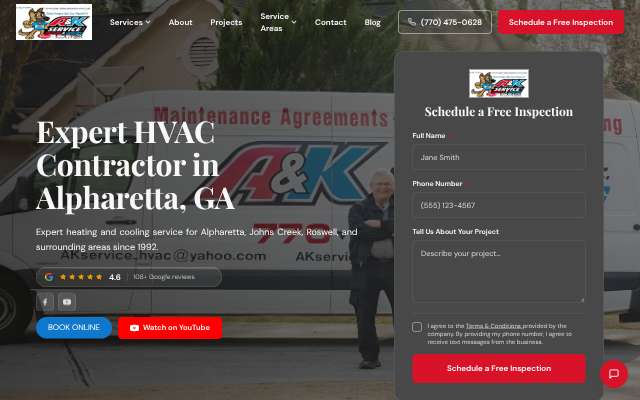 A & K Service Heating & Cooling Inc.'s page as the assistant saw it
