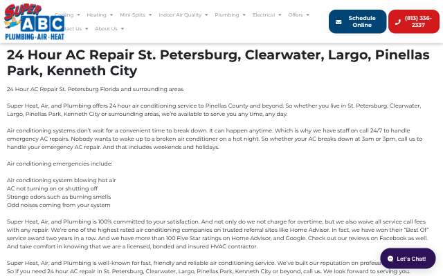 Super Heat, Air, and Plumbing's page as the assistant saw it