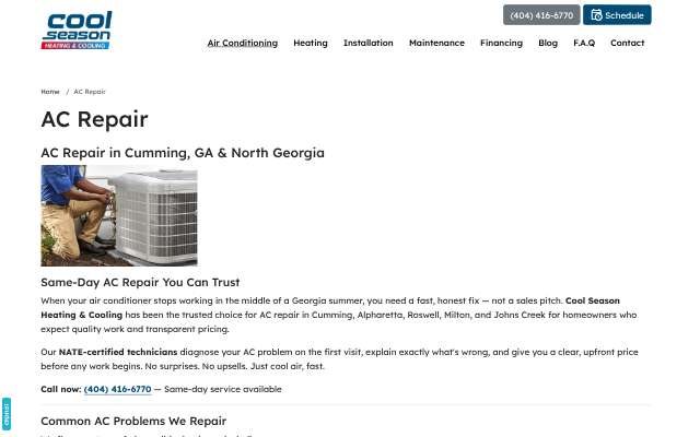 Cool Season HVAC's page as the assistant saw it