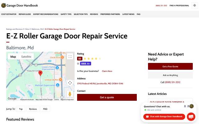 E-Z Roller Garage Door Repair Service's page as the assistant saw it