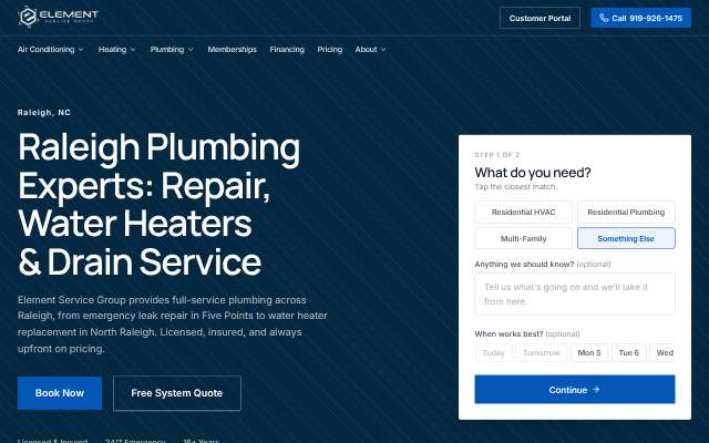 Element Service Group's page as the assistant saw it