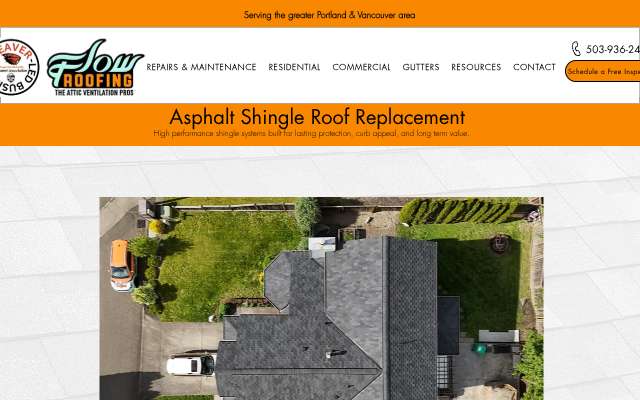 Flow Roofing's page as the assistant saw it