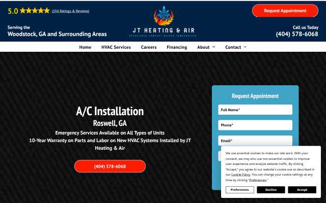 JT Heating & Air's page as the assistant saw it