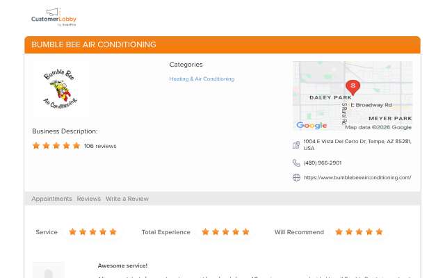Bumble Bee Air Conditioning's page as the assistant saw it