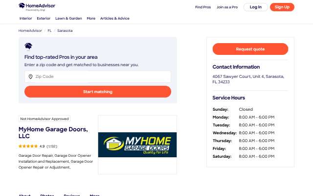 MyHome Garage Doors, LLC's page as the assistant saw it