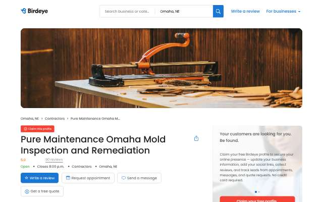 Pure Maintenance Omaha Mold Inspection and Remediation's page as the assistant saw it