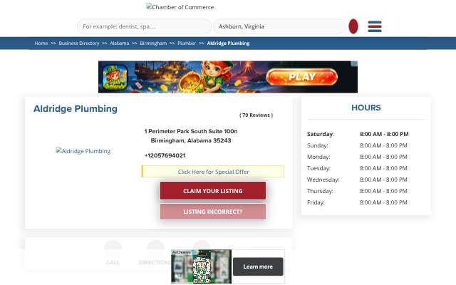 Aldridge Plumbing's page as the assistant saw it