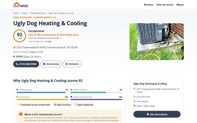 Ugly Dog Heating & Cooling's page as the assistant saw it