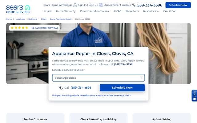 Sears Appliance Repair's page as the assistant saw it
