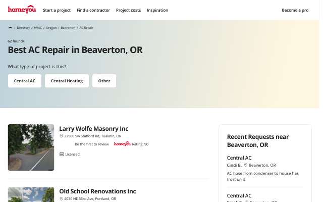 homeyou.com AC repair directory's page as the assistant saw it