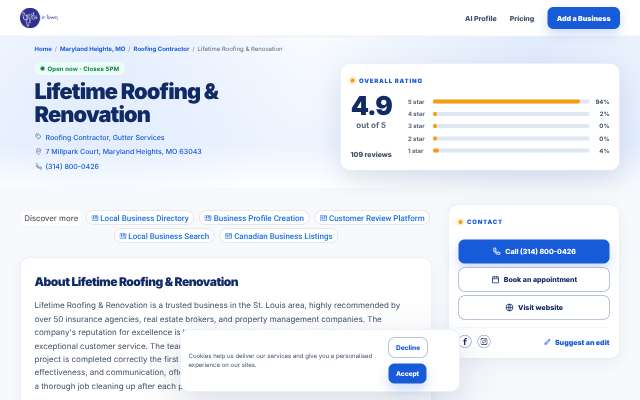 Lifetime Roofing & Renovation's page as the assistant saw it
