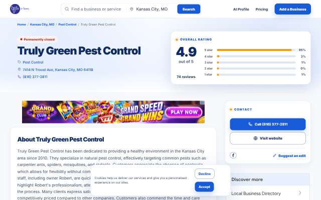 Truly Green Pest Control's page as the assistant saw it