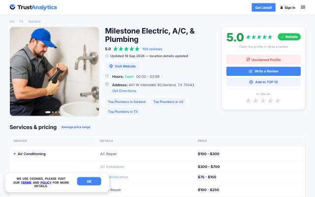 Milestone Electric, A/C, & Plumbing's page as the assistant saw it
