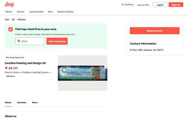 Carolina Heating and Design Air's page as the assistant saw it
