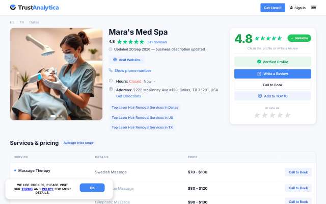 Mara's Med Spa's page as the assistant saw it