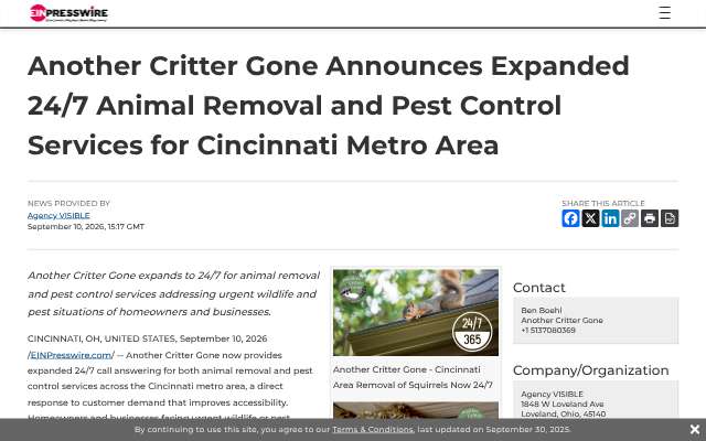 Another Critter Gone's page as the assistant saw it