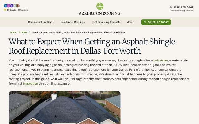 Arrington Roofing's page as the assistant saw it