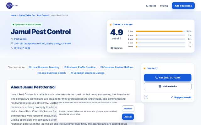 Jamul Pest Control's page as the assistant saw it