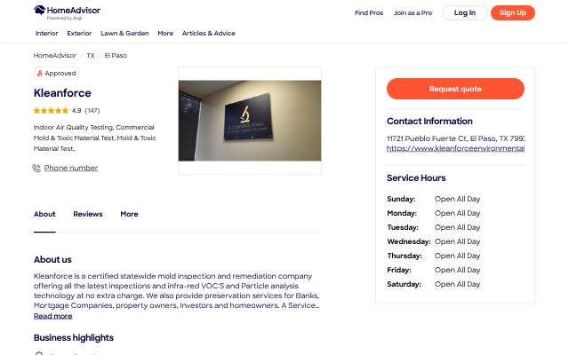 Kleanforce's page as the assistant saw it
