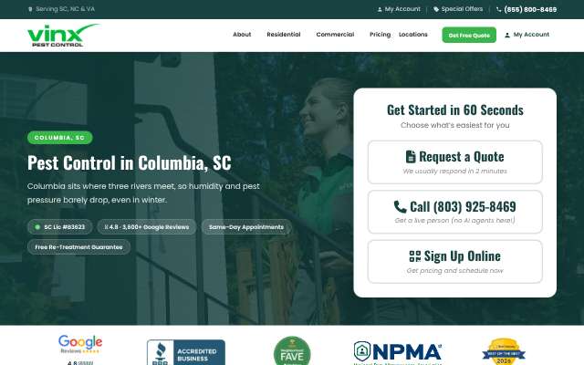 Vinx Pest Control (Columbia)'s page as the assistant saw it