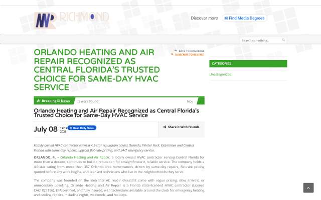 Orlando Heating and Air Repair's page as the assistant saw it