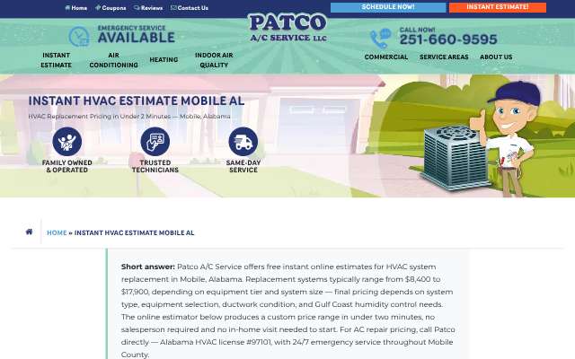 Patco A/C Service's page as the assistant saw it