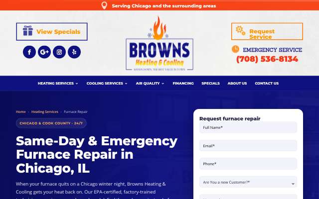 Browns Heating & Cooling's page as the assistant saw it